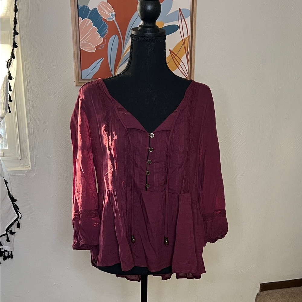 Rewind Boho Flowy Burgundy Blouse Size L